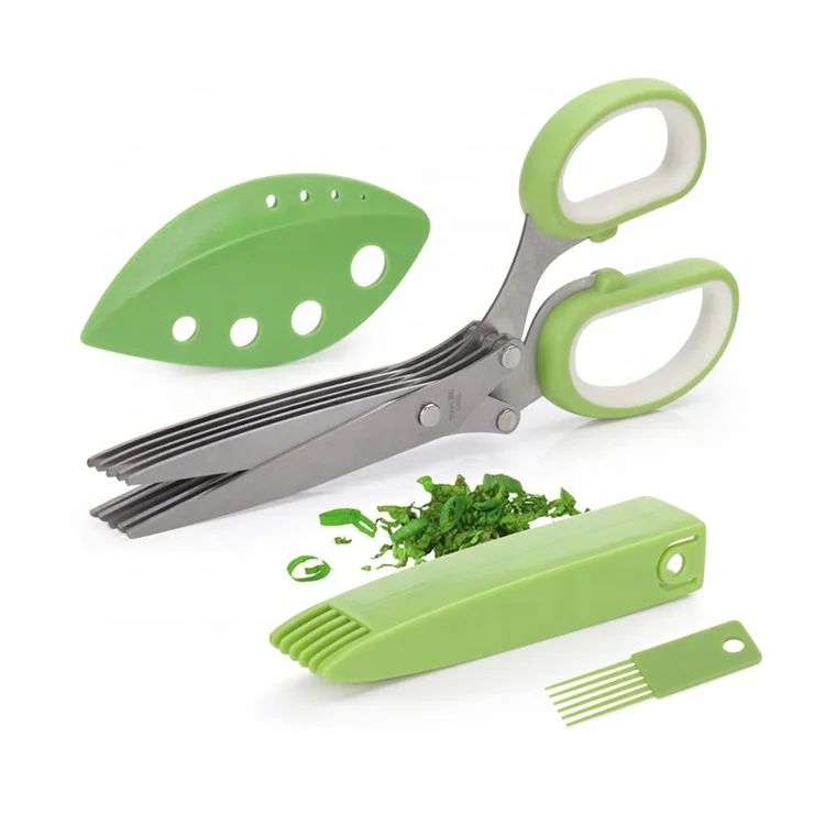 

Onion Scallion Scissors Stainless Steel 5 Blade Scissors with Brush Herb Stripper Shears Vegetable Kitchen Herb Scissors