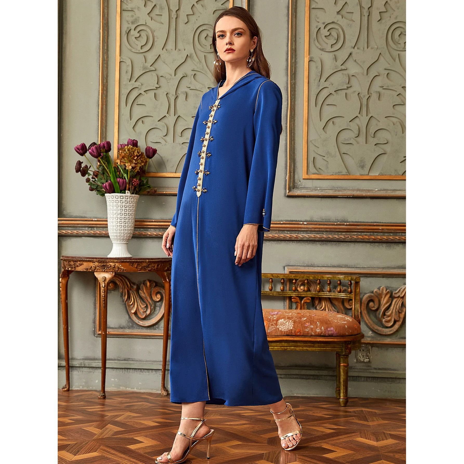 

Professional Casual Hooded Gold Edge Hand-Sewn Rhinestones Abayas from Dubai Women 2021 Dress