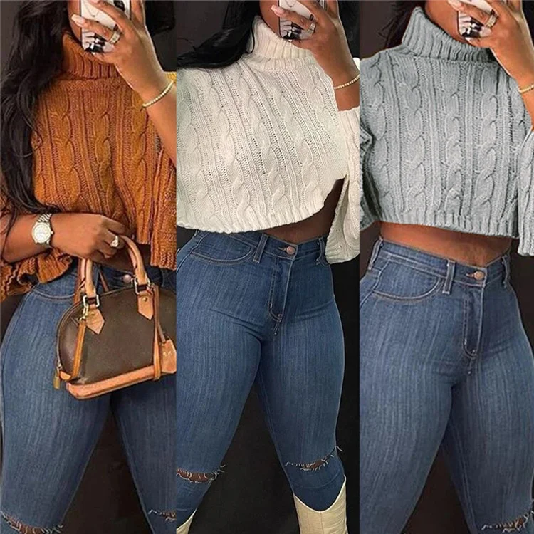 

New fashion Ladies Sexy Turtleneck Short Crop Top Knitted Sweater 2022 Woman Tops Sexy Short Women Sweater, Mix color or custom colors