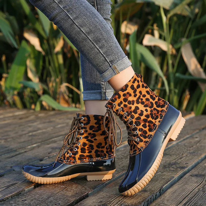 Hot Sale Ankle Black Striped Duck Boots For Women Short Seprape Leopard