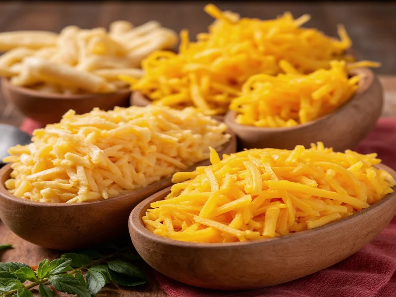 Freshly grated cheddar and Gruyère cheeses in wooden bowls