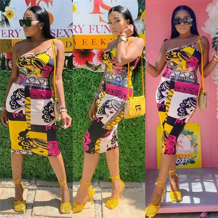 

W2052-Hot Sale 2021 Printed One Shoulder Bodycon Slip Dress Midi Dresses Women