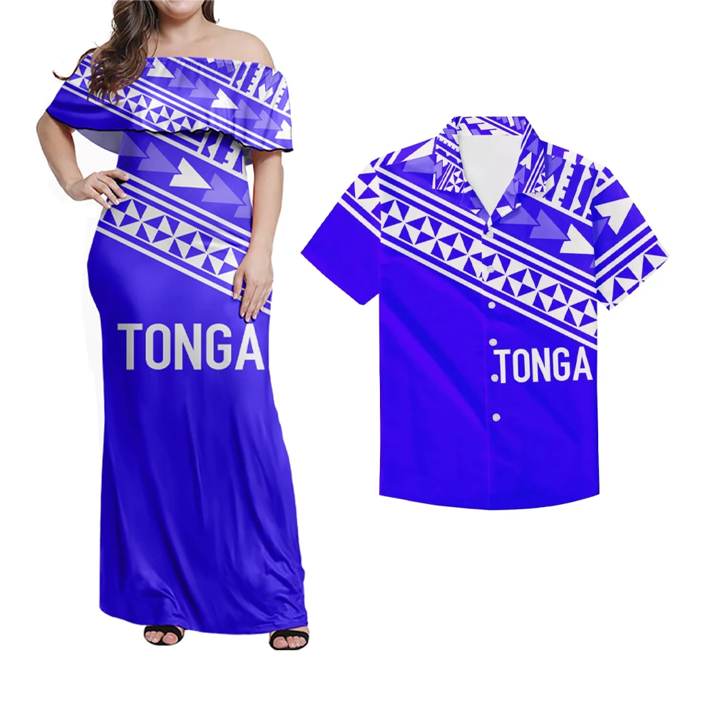 

Polynesian Blue and White Tongan Tribal Print 2 piece Sets 5XL Women Ruffle One Shoulder Maxi Dresses Matching Men Shirts, Customized color