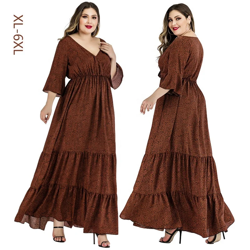 

Women Plus Size Leopard Print Dress Summer Leisure C-skirt Hot Sale V-neck Flared Sleeves Maxi Dress