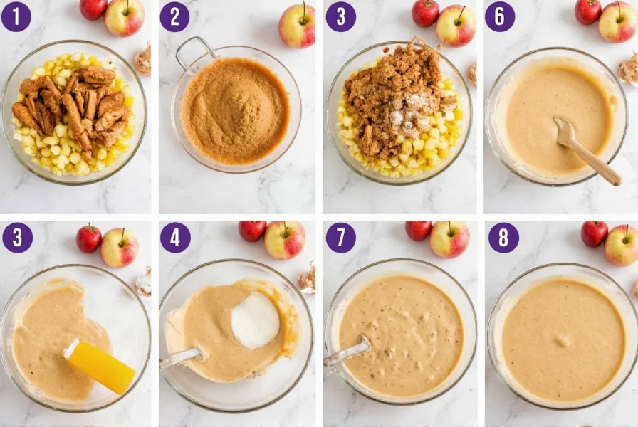 Step-by-step preparation of cinnamon and apple pancake batter with fresh ingredients