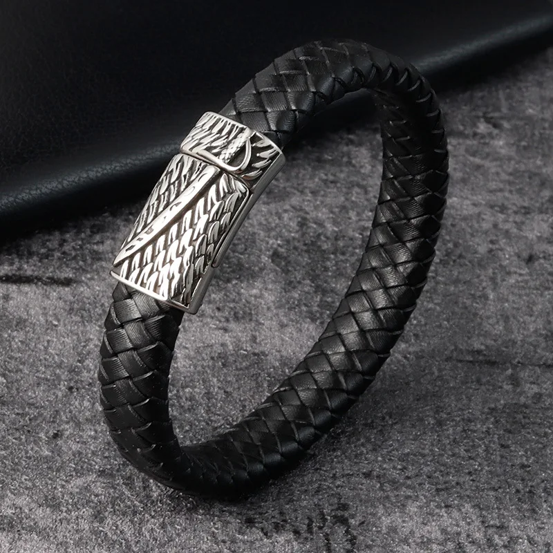 

Luxury Custom Braided Leather Bracelet Mens Jewelry 21cm, Black/black brown