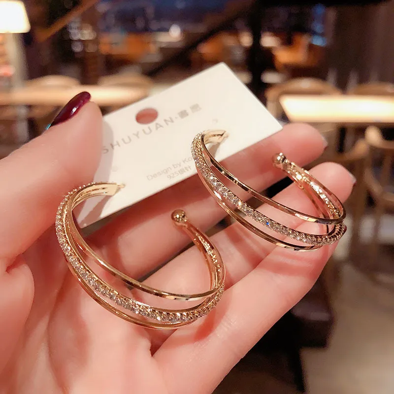 

Fashion 18K Real Gold Plated Three Layer Hoop Earring 925 Sterling Silver Triple Layer Crystal Rhinestone Hoop Earrings For Girl