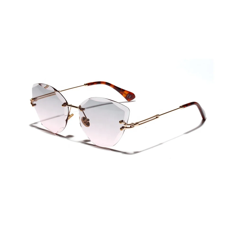 

Wholesale Ocean Gradient Color Cutting Lens Women Cat Eye Glasses Shades Lents Rimless Sunglasses