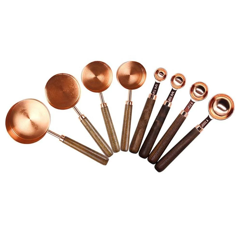 
LOW MOQ Measuring Cups and Spoons Set of 8/Gorgeous Stainless Steel ENGRAVED MEASURING&Heavy Duty with Walnut Handles Premium Copper Stainless Steel Measuring Cups and Spoons Set of 8