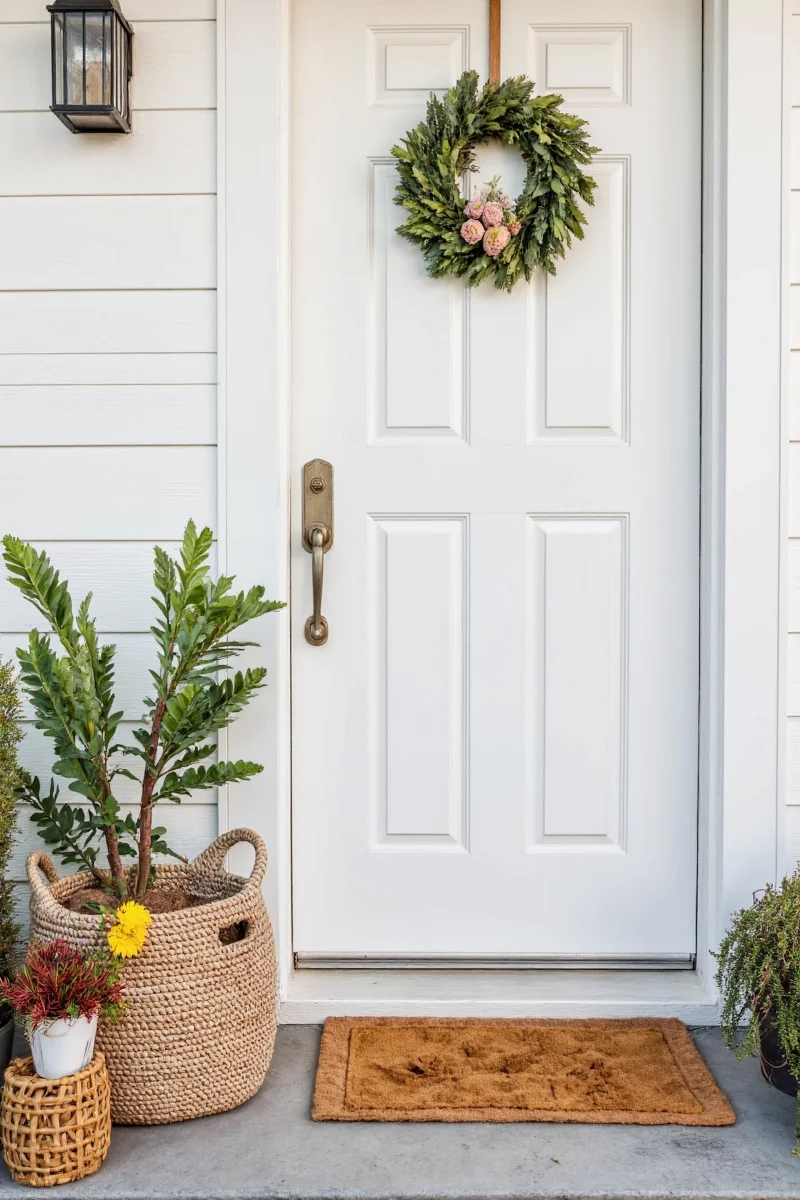 Rustic basket front door with potted plants