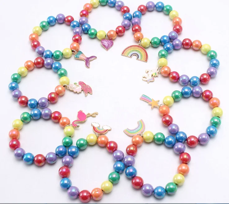 

children rainbow beads bracelets kids gifts unicorn mermaid charm baby bubble beaded bracelets little girl rainbow bracelets, As picture