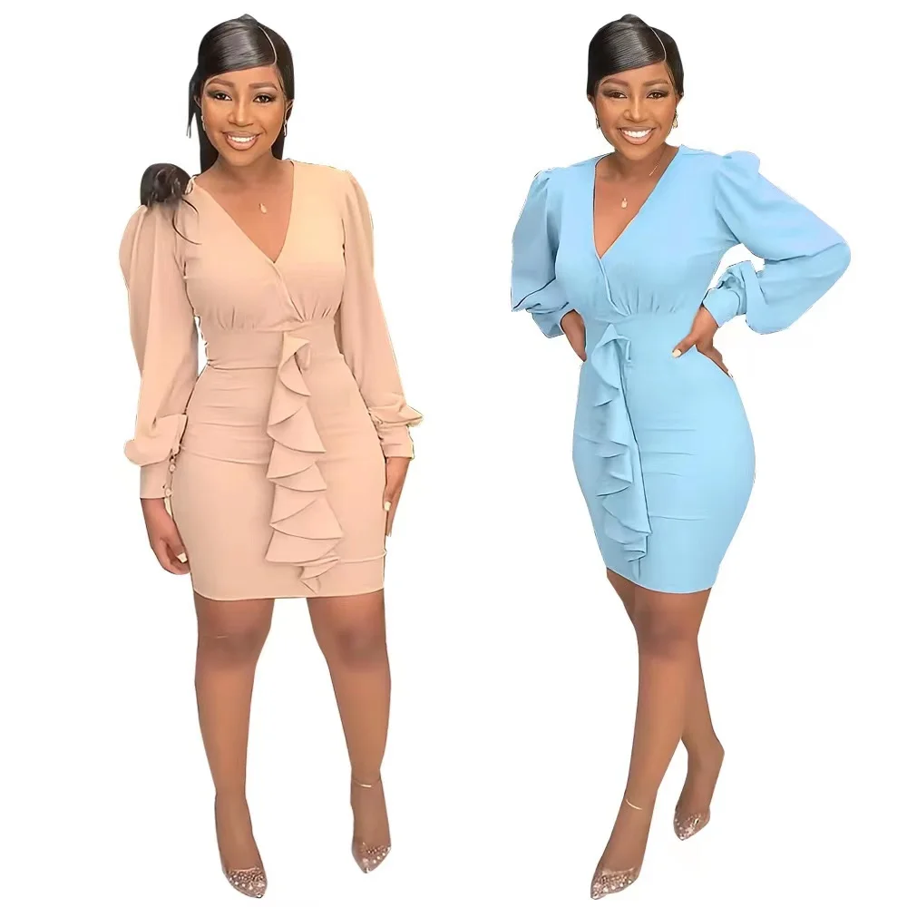 

J&H 2022 chic ruffled fringe bodycon dress women puff sleeve v neck office wear casual dress slim fit ladies formal dresses