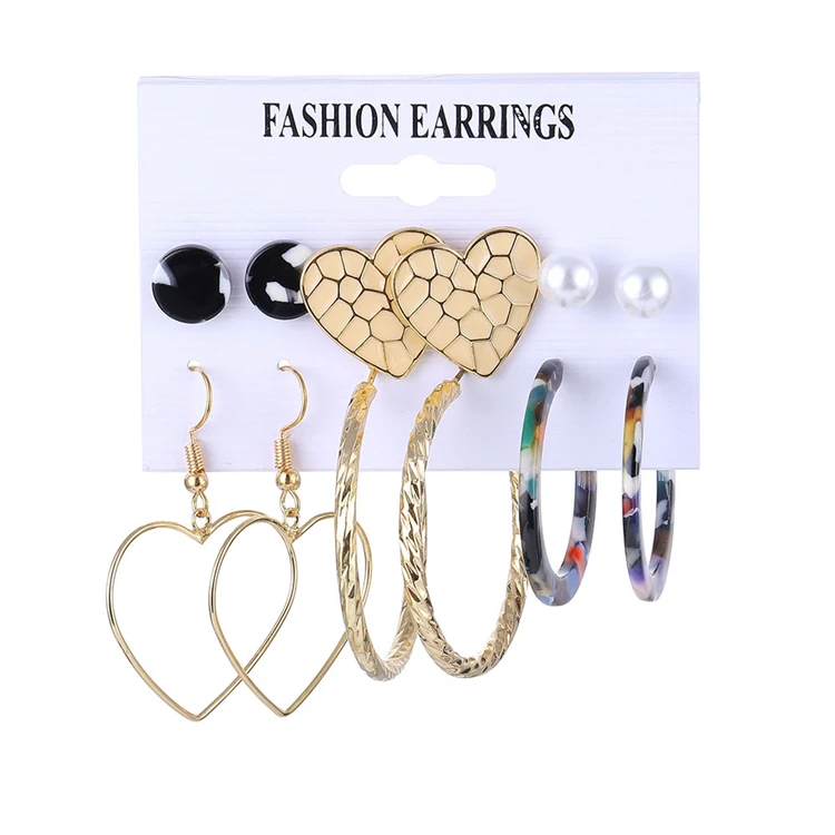 

Acrylic Pearl Earrings Mixed Designs Big Circle Fashion Hoop Earring Jewelry Gold Plated 6 Pair Earrings Set, Picture shows