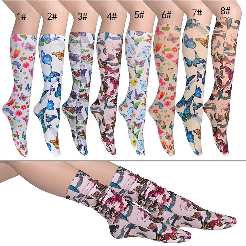 

OEM Amazon Ultra-thin Summer Retro Thin Sunscreen Color Butterfly Print Teen Tube Calf Socks