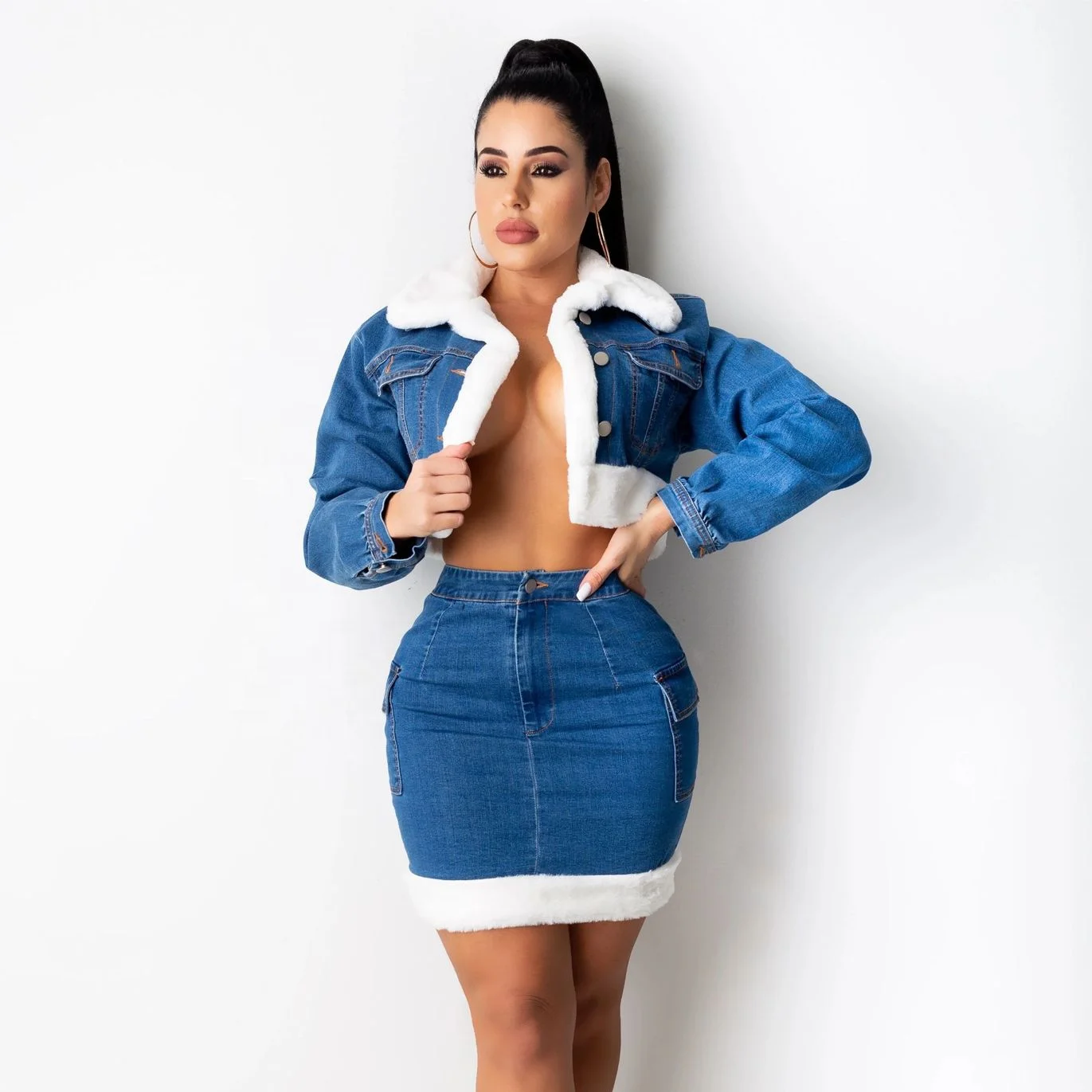 

New arrivals trendy women's winter sets lamb wool stitching denim jacket skirt two-piece jean denim sets women matching set