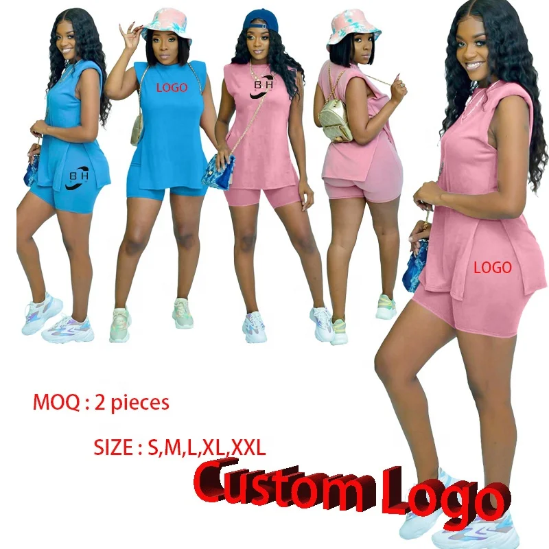 

Custom Logo 2022 Summer Wholesale Women's jogger set Solid Color Sleeveless Shorts Blue Pink Casual Split Two Piece short set