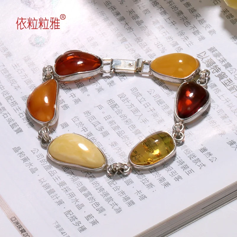 

Gemstone Jewelry Inlay Multi-color Amber 925 Sterling Silver Link Chain Bracelet For Women, Multi-colors