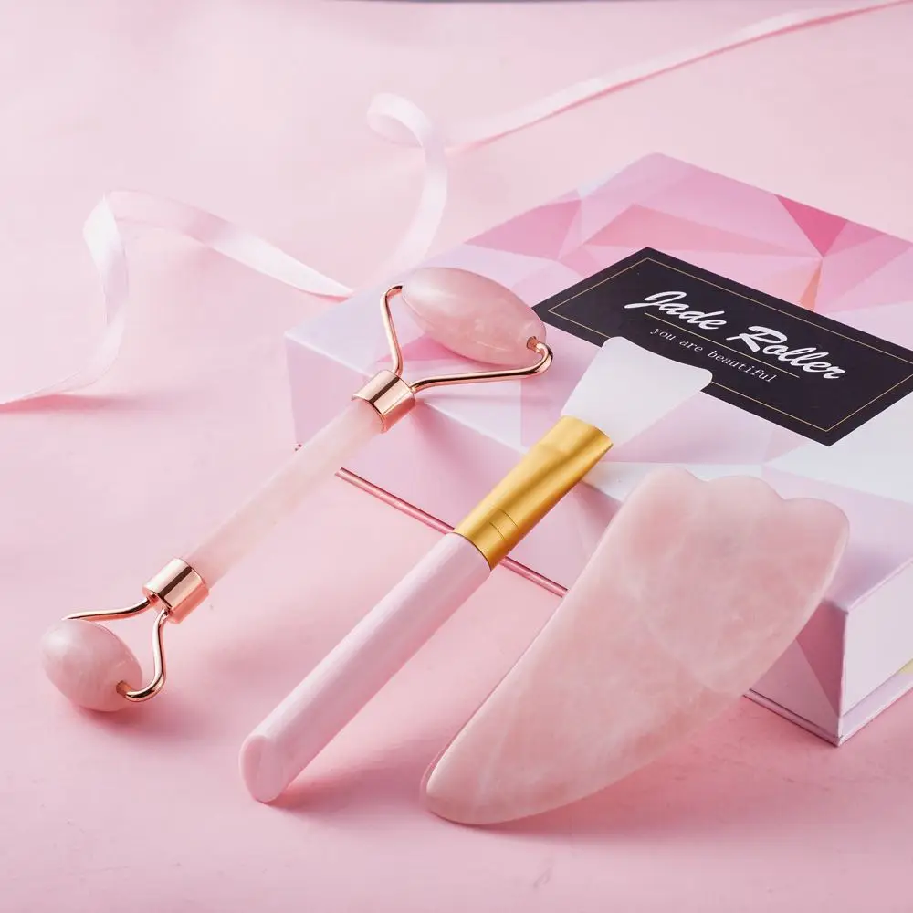 

3 IN 1 Jade Roller Facial Massage Natural Crystal Rose Quartz Face Roller Gua Sha Stone Rose Quartz with Silicone Mask Brush