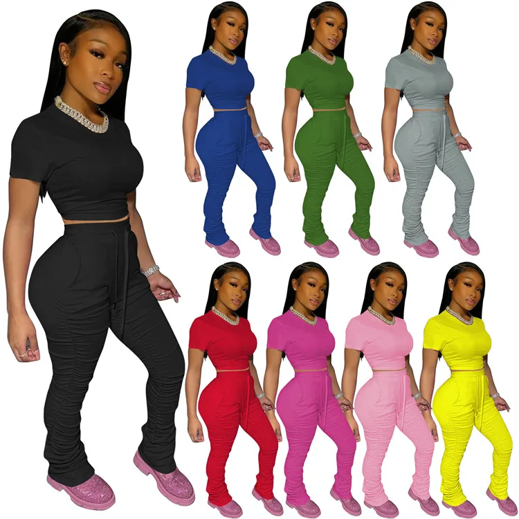 

Fast Delivery Ladies Tracksuits Crop Tops Stacked Pants Gym Summer Sport Wear Plus Size Women Two Piece Sets, Picture