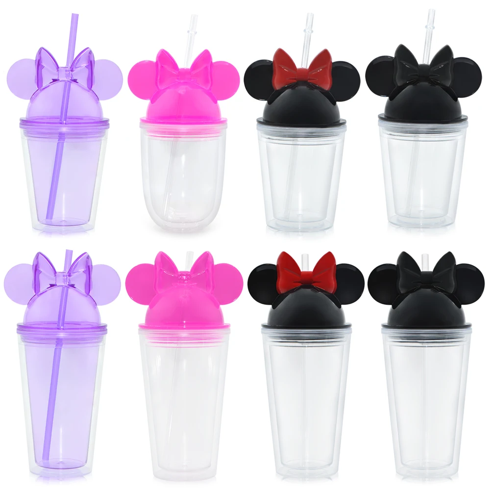 

Hot Selling Wholesale Acrylic Plastic Double Wall Clear Drinking Cup Cute Mickey Mouse Water Bottle, Customized colors acceptable