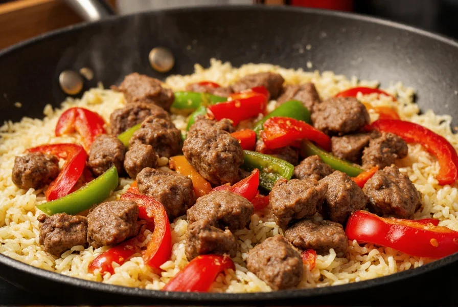 Close-up of sizzling pepper steak and rice in wok with vibrant bell peppers and tender beef strips