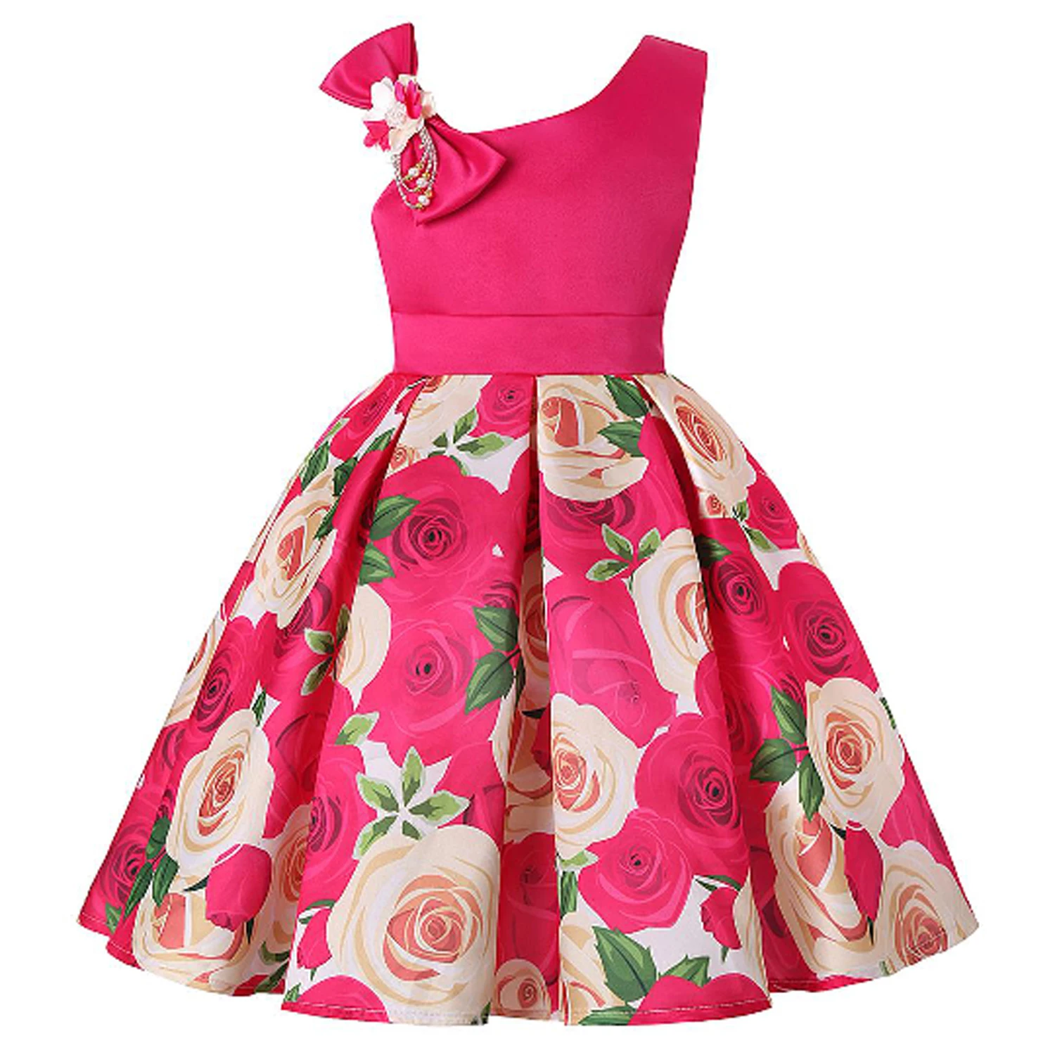 

new pattern Oblique shoulder Rose Print boby girl dresses party Bow without sleeve evening party Children's Birthday Dress