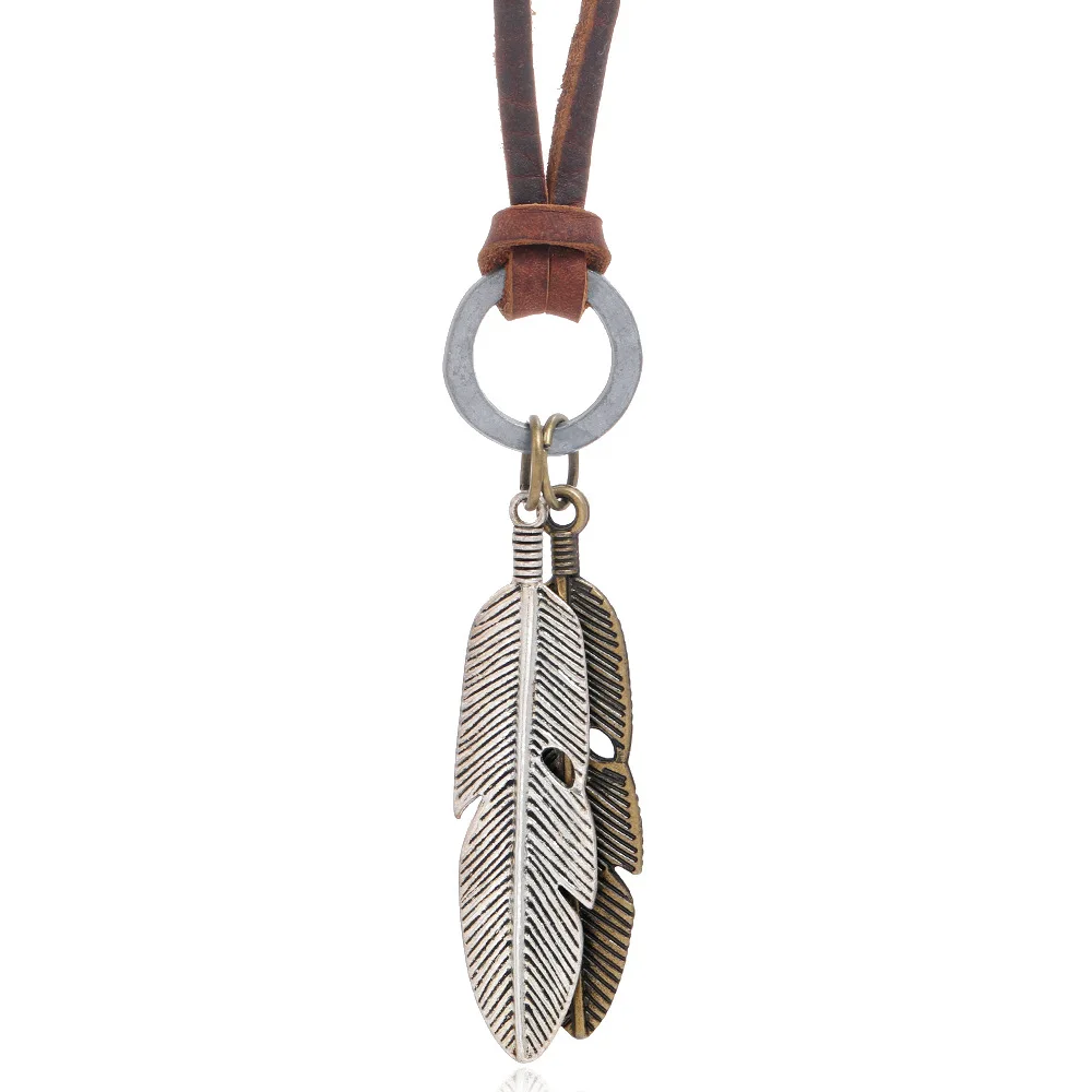 

Vintage Leather Cord Jewelry Bronze Antique gold Silver Feather Pendant Necklace Hip-hop sweater necklace with adjustable size, Picture shows