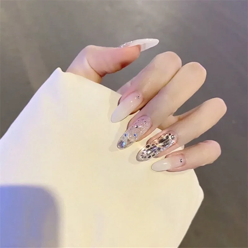 

24pcs press on nail white false nail rhinestone decoration long ballet nail detachable artificial fingernail