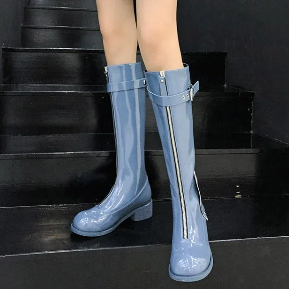 

Korean Style Reflective Patent Leather Square Toe Women Knee High Booty Fashion Front Zip Chunky Med Heel Long Boots for Ladies, Black,white,blue