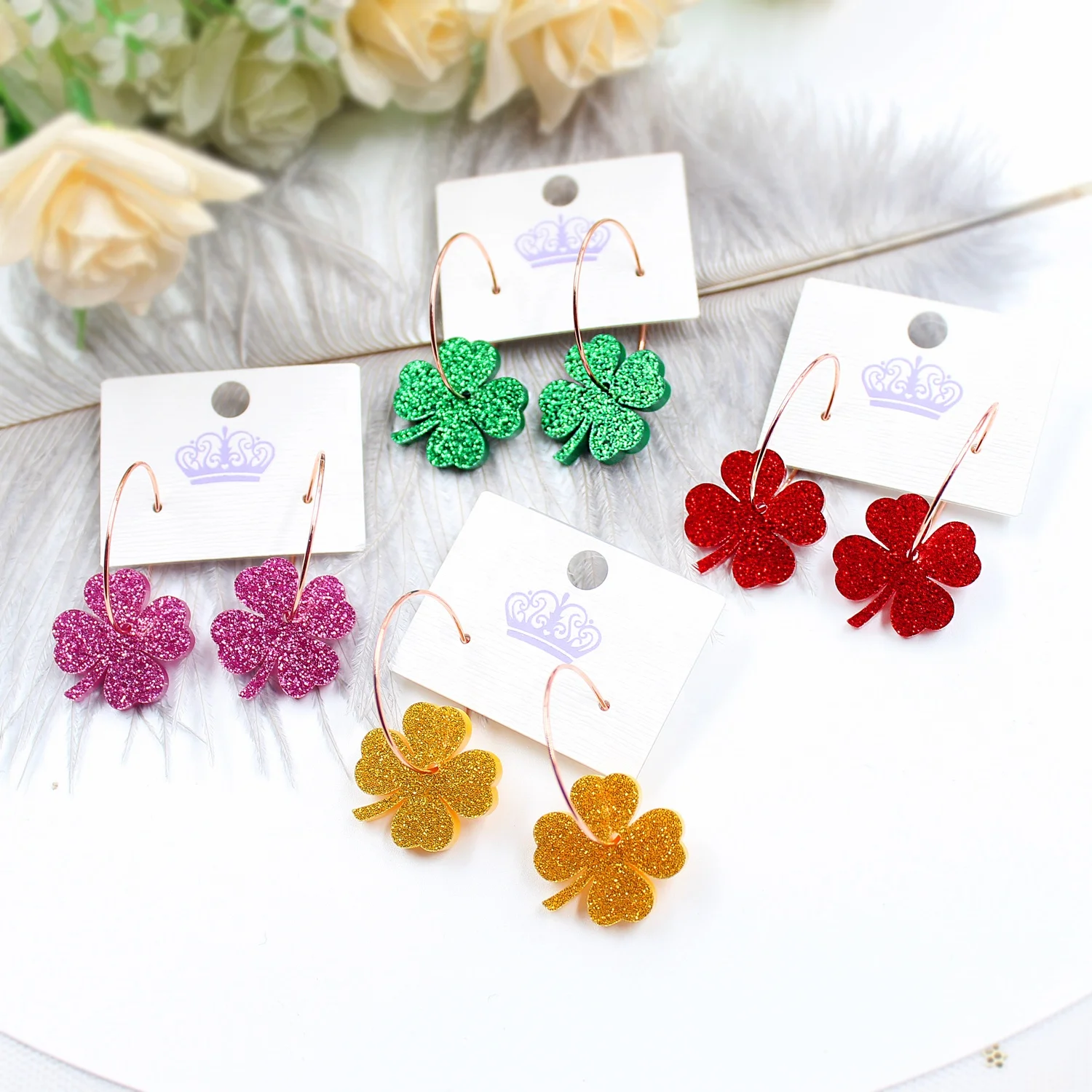 

HP096 Four-leaf clover Dangle Earrings Cute glitter Earrings Acrylic Earrings, Hot pink/green/yellow/red glitter
