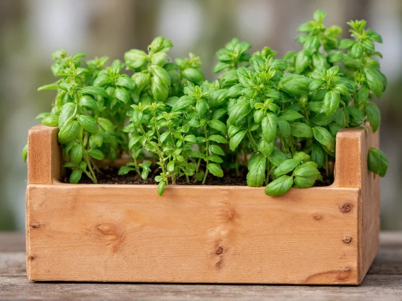 Handcrafted pine planter box with thriving basil and mint plants