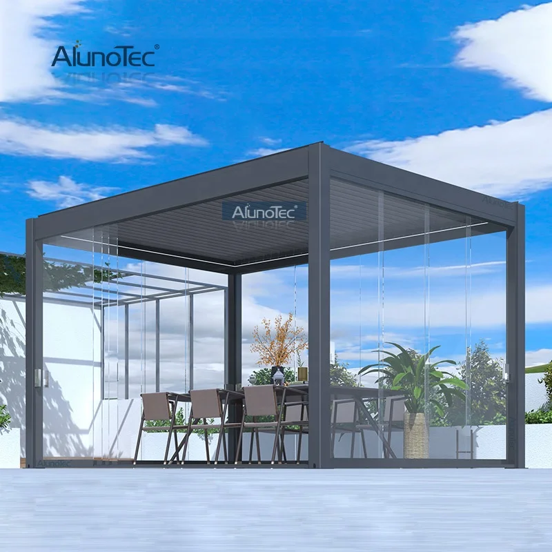 

AlunoTec Outdoor Motorized Arches Gazebo Manual Opening Louvred Roof Pergola Aluminium Garden Pavilion, Ral9016 traffic white and ral7016 anthracite grey