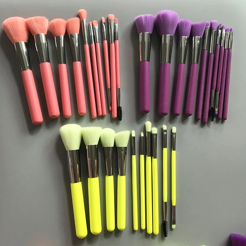 

10pcs cheap neon makeup brush set with silver ferrule cheap price one wood handle synthetic hair brushes set