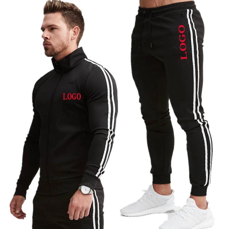 

Custom LOGO spring autumn fitness suit stand collar zipper cardigan coat men's sportsuit 2 pcs sweater comfortable breathable, Red,black