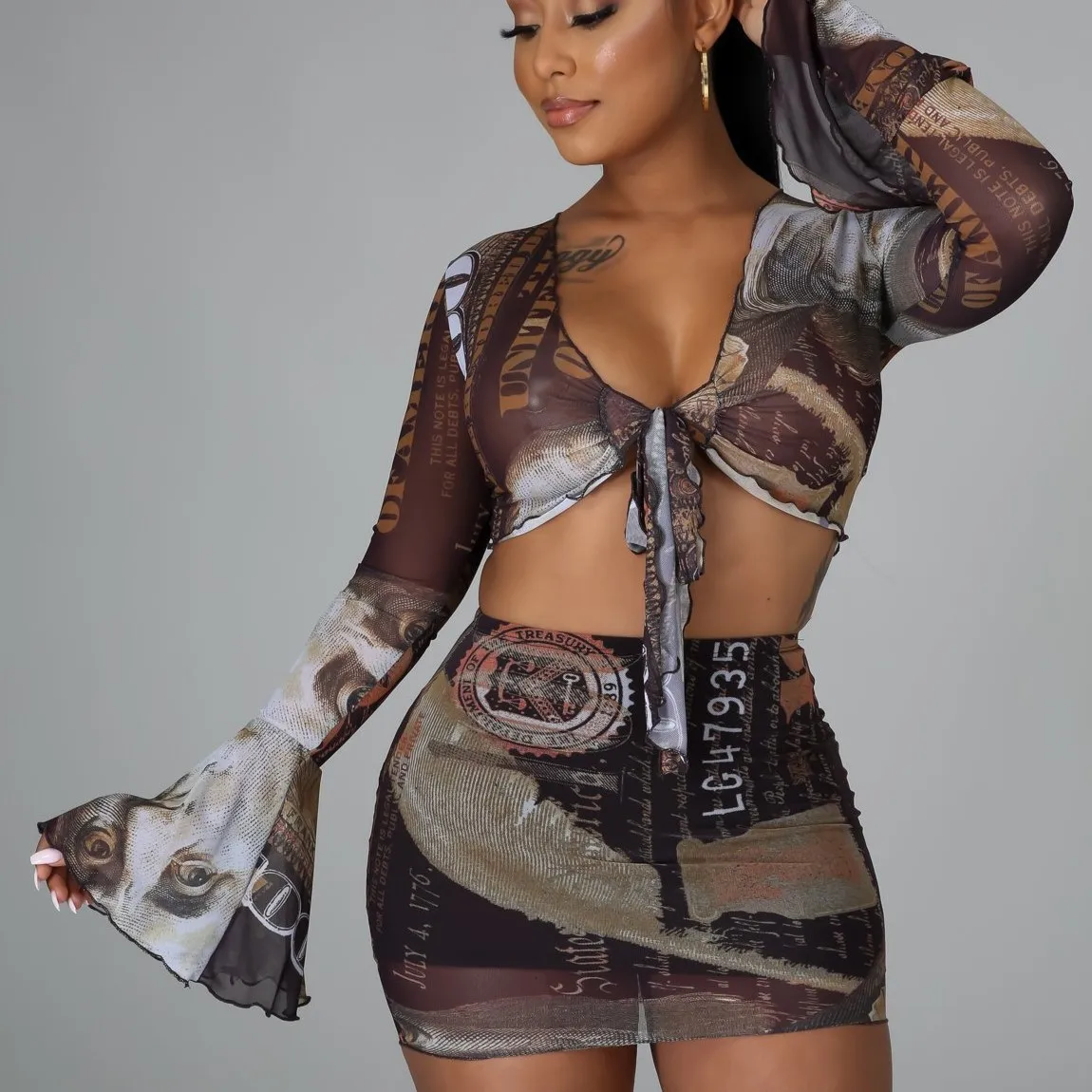 

Print Sexy See Through Short 2 Piece Skirt Set 2021 Women Skirt And Top Set Mini Skirts Sets Outfits, Black