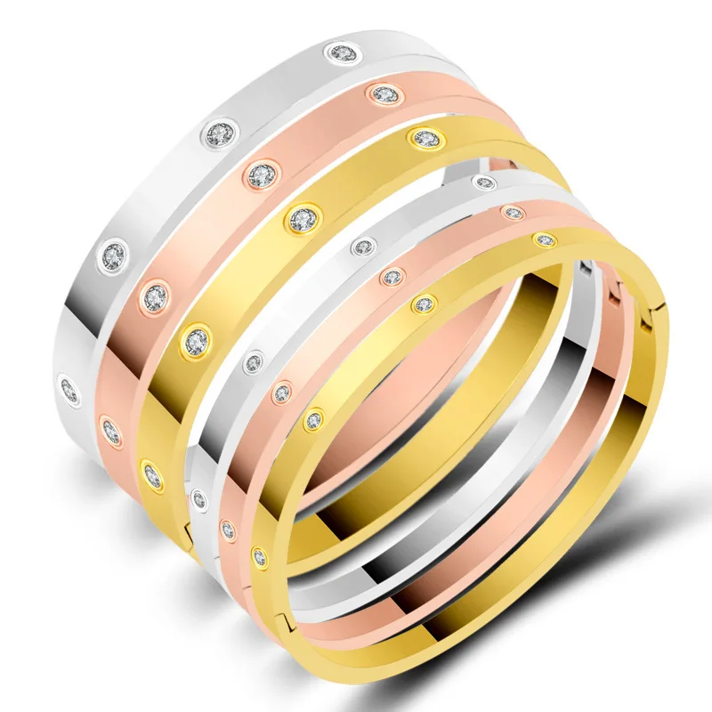 

Wholesale Inner Pull Sand Titanium Bangles Full Diamond Couple Buckle Stainless Steel Jewelry Bracelet For Men And Women, Rose gold/gold /steel