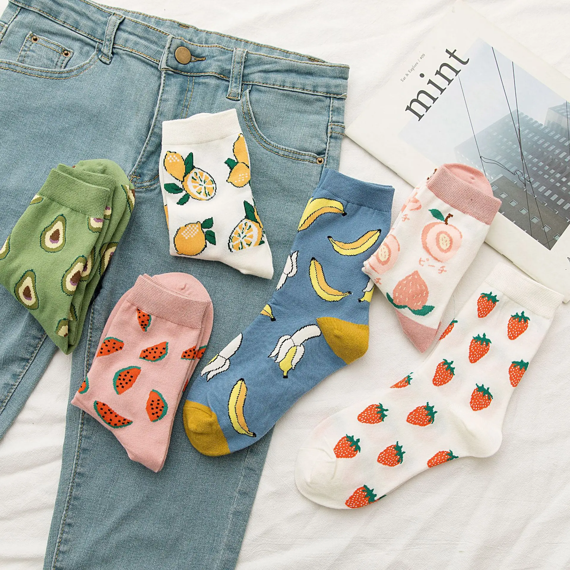 

Women Socks Funny Cute Cartoon Fruits Banana lemon pineapple Food Happy Japanese Harajuku skateboard Socks, As shown