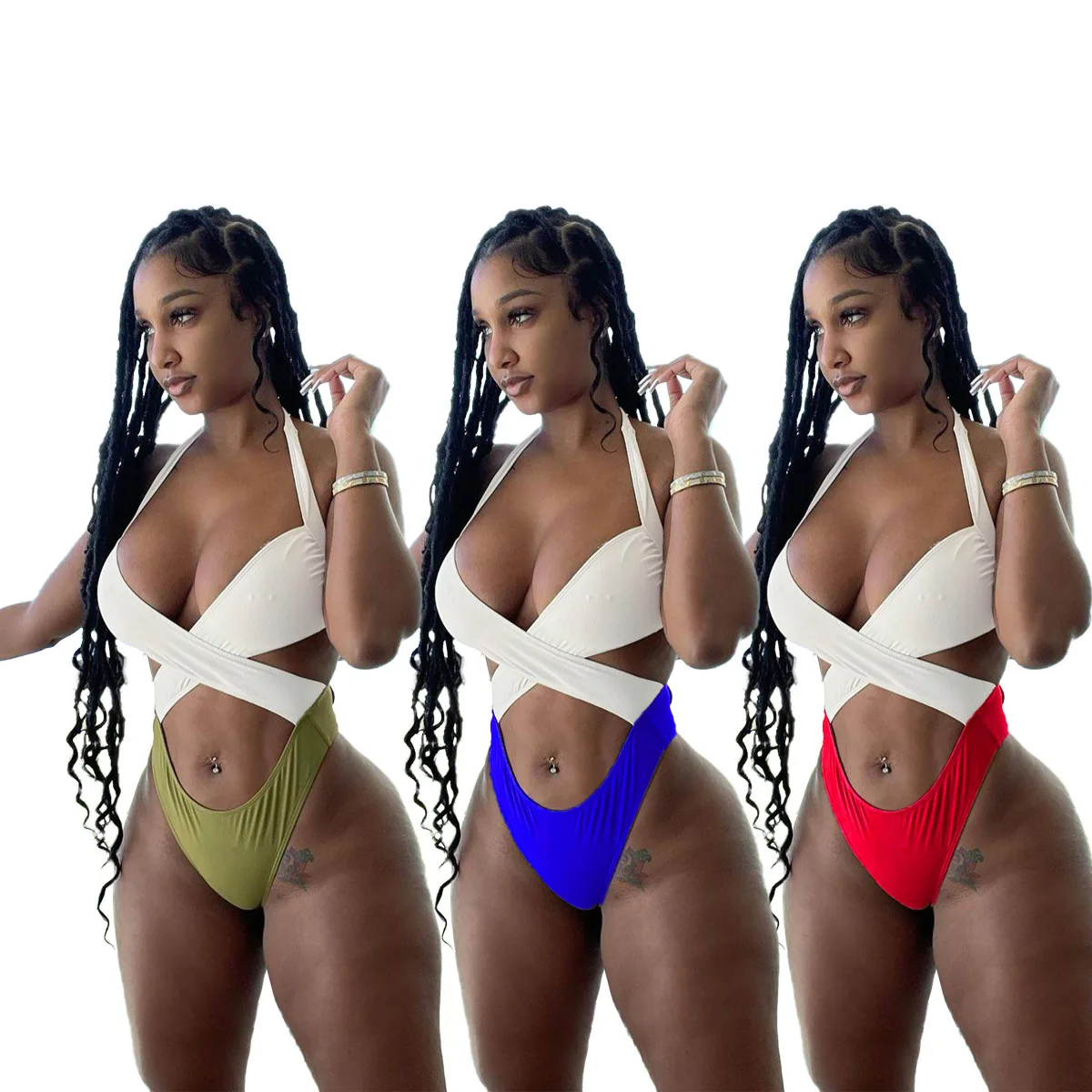 

Trendy New Arrivals 2021 Summer 3 Color Women Plus Size Sexy Patchwork Hollow Out Cross Bandage One Piece Bikini Swimwear, Blue green red