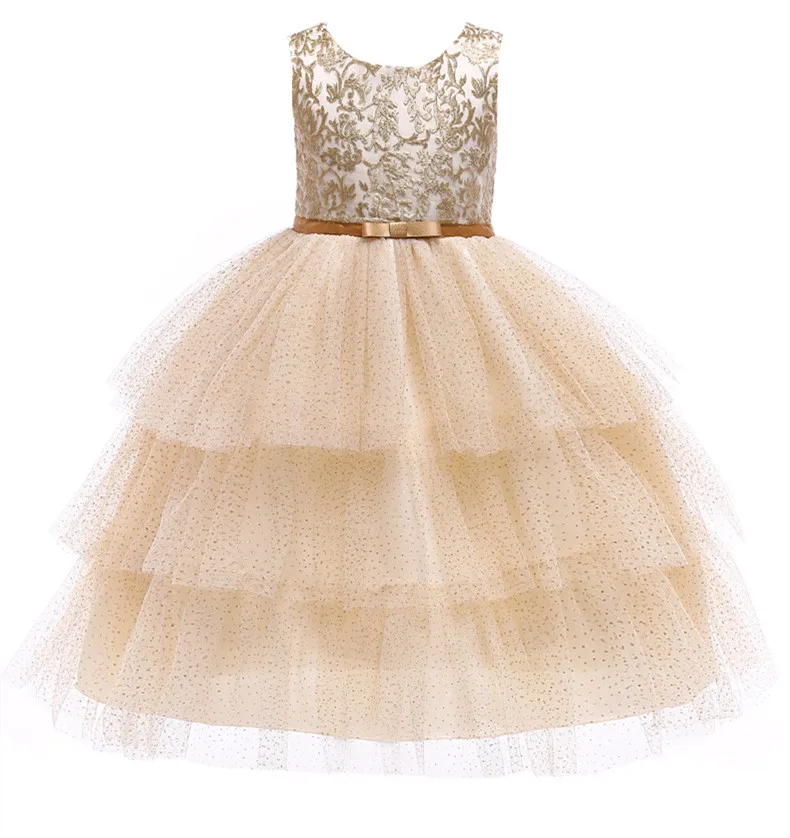 

Noble golden puffy multi-layered kids princess dress for girl 8 years old round neck frock design high quality girls dresses
