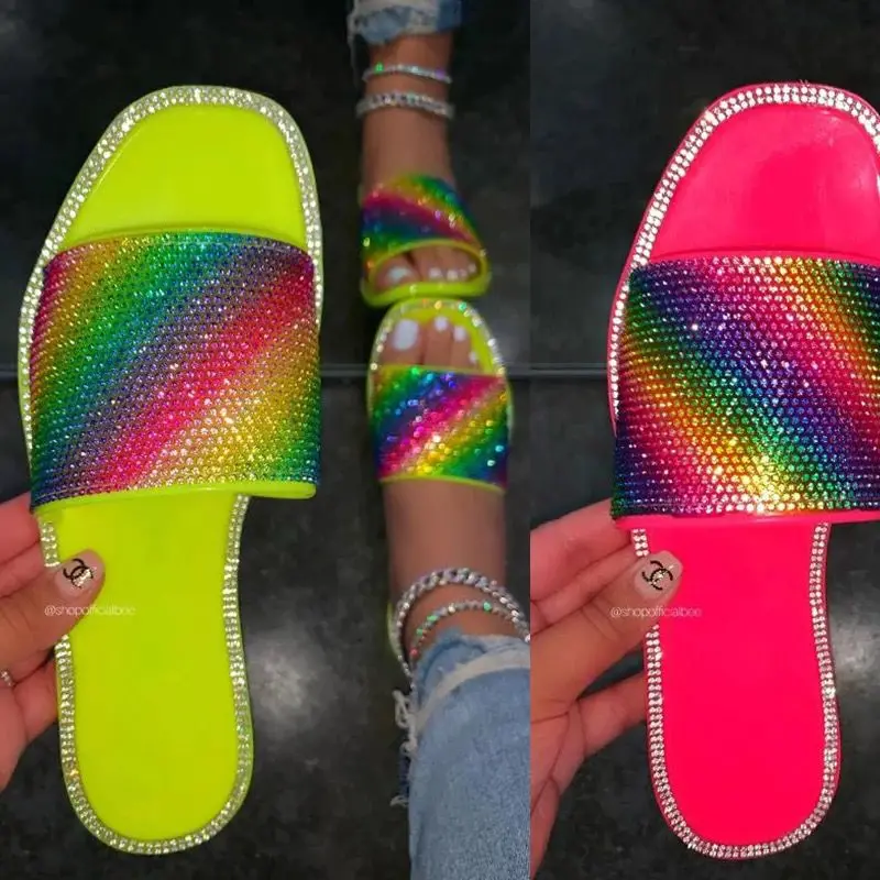 

2021 New arrival flat slippers with bling rhinestone flower color women sandals plus size flat rainbow color slippers, Pictures