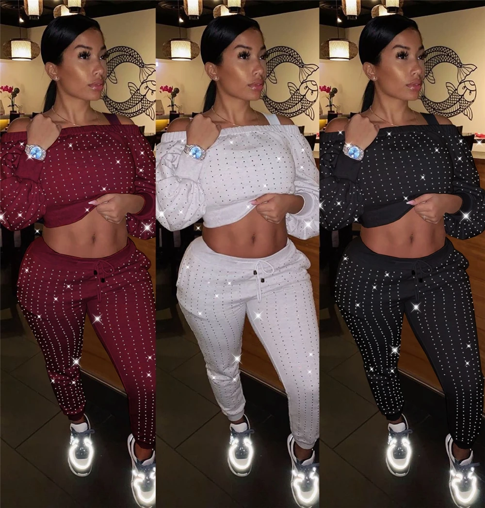 

XM20010939 Women Clothing Ladies Wholesale Jogging Sweat Suit Pant Sets Two Piece Sweatpants Crop Top 2 Piece Pant Set Tracksuit