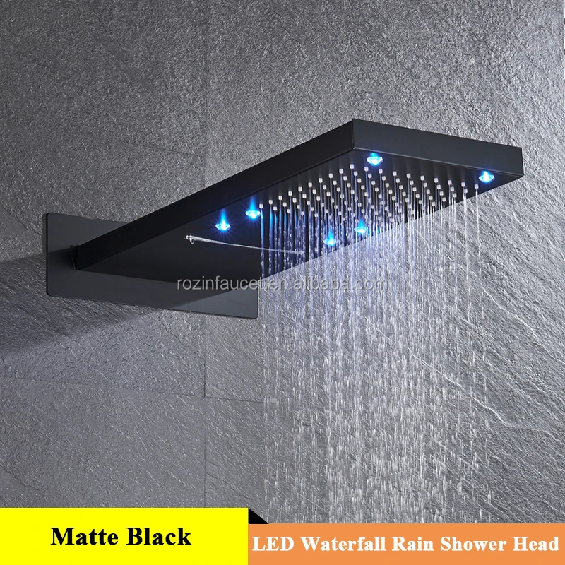 Led Rainfall Waterfall Shower Head Brass Wall Mounted Matte Black