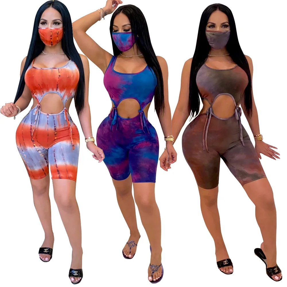 

wholesale Sleeveless top female summer sexy o neck print hollow tie dye nightclub set women clothing