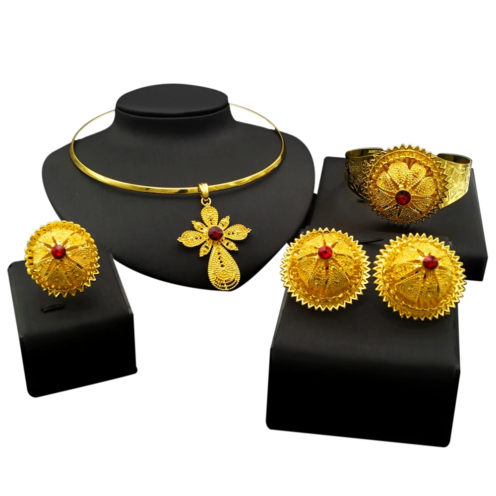 

Yulaili Romanian Gold Style Bridal Jewelry Sets Wholesale Jewelry Set Fashion Ruby Stone Wedding Exquisite Women's Jewellery Set