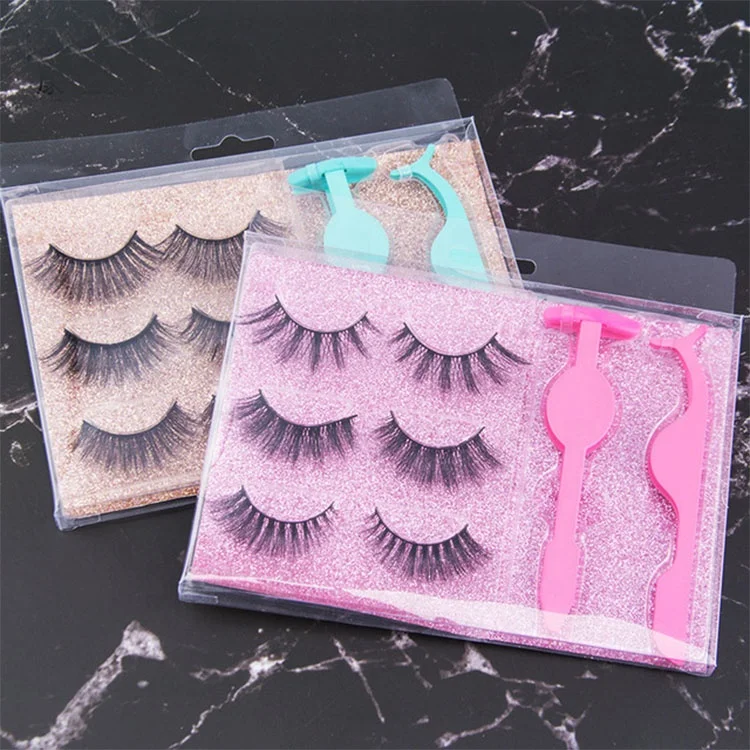 

High Quality 3 Pairs Faux Mink False Eyelash Full Strip Natural False Eyelashes with Applicator, Pink, purple