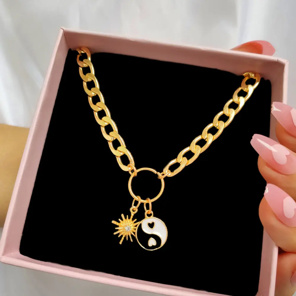 

Punk Style Real Gold Plated Thick Choker Necklace For Women Crystal Black Heart Yin Yang Necklace