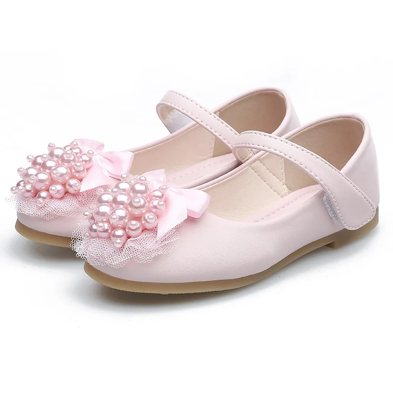 

2022 Kids Pearls Wedding Party Dress Girls Princess Shoes Fashion Children Bowknot Ballet Flat Shoes, Black sliver gold