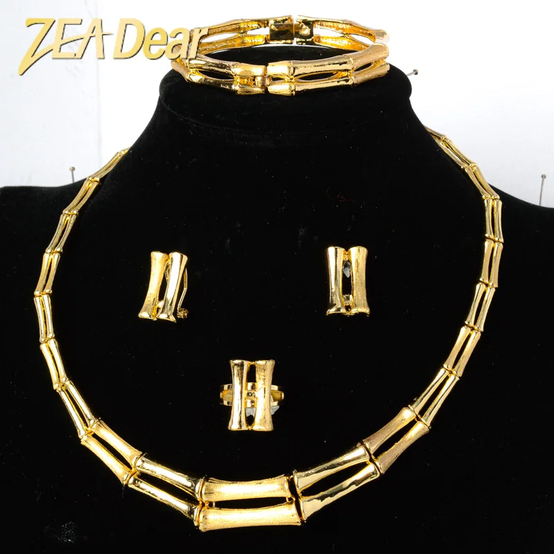 

Hot Selling Brazil Gold Luxury Copper Bridal Jewelry Set Italian Necklace Bracelet Earring Ring Four Jewelry Sets