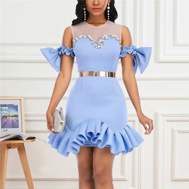 

Sexy Mesh Patchwork Bowtie Ruffles Beading Christmas Girl Club Dresses, Blue