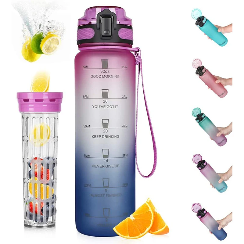 

Ready To Ship 32oz Sports Water Bottle with Motivational Time Marker to Drink Reusable Tritan with Filter for Gym and Outdoor, Customized color